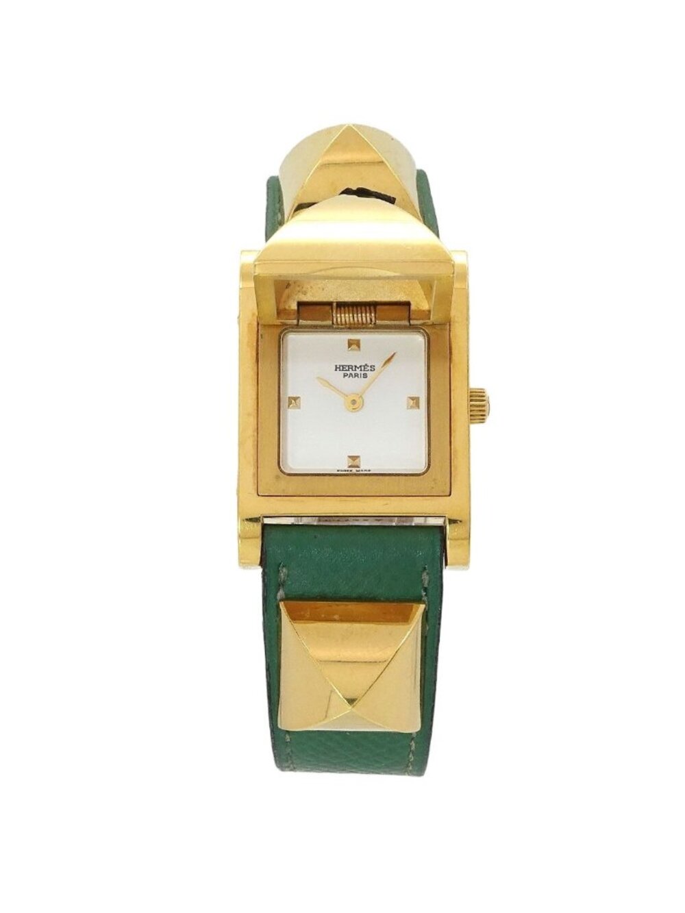 Hermes Medor Vintage Watch Pyramid Gold Studs White Green Quartz